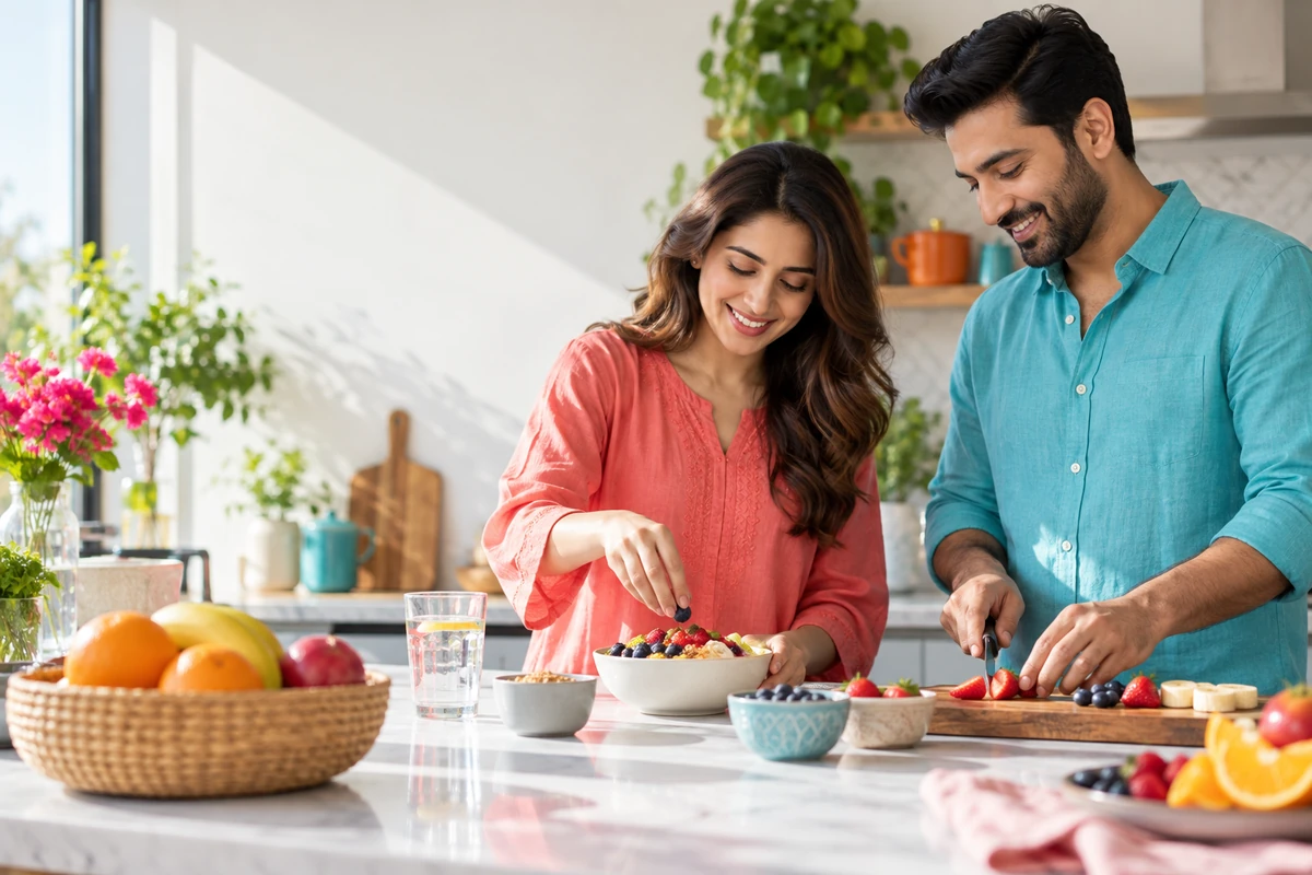 A couple enjoying a colourful breakfast preparation
